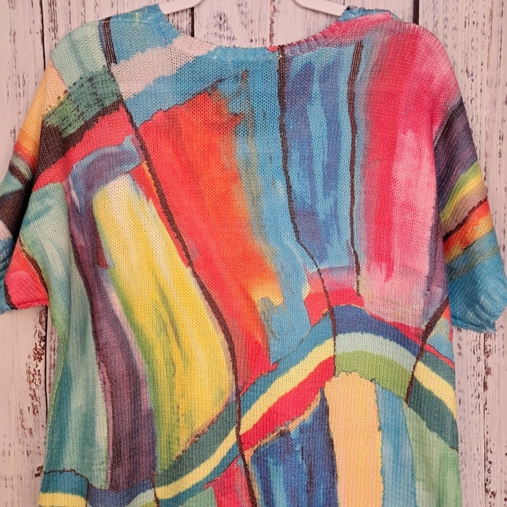 SERENGETI L Watercolor Knit Top Short Sleeve Painterly Art to Wear Bright Funky - Picture 5 of 7